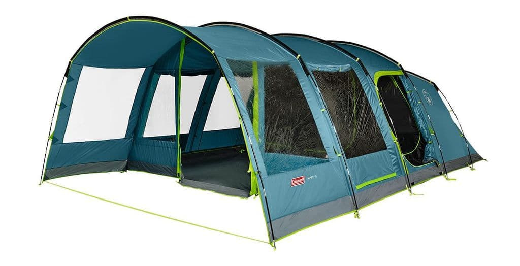 Green family tent with different sections